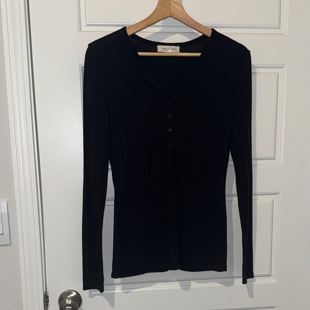 nordstrom treasure & bond black ribbed quarter button long sleeve top size small